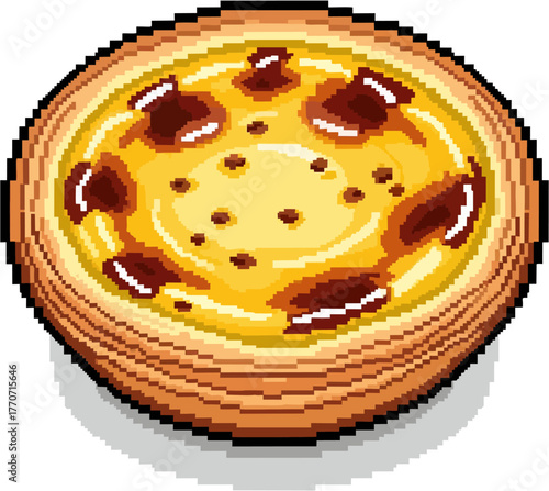 Pixel art illustration of an egg tart with a flaky crust and caramelized top.