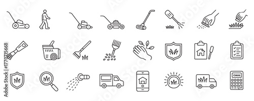 Professional lawn care service icons for modern landscape design and gardening, perfect for websites, apps, and marketing materials promoting outdoor services