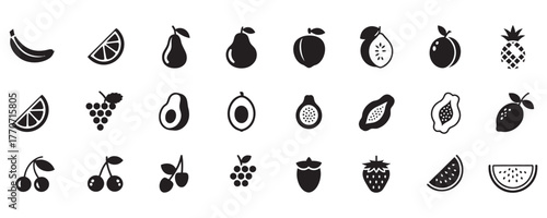 Fresh fruit icon set in elegant monochrome style perfect for healthy eating and lifestyle designs, organic food branding, and modern nutrition guides