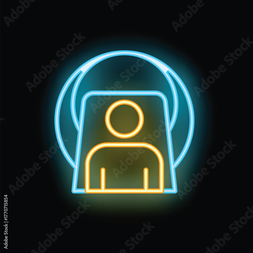 Glowing neon icon of a patient lying down undergoing a ct scan procedure, representing medical imaging and diagnosis