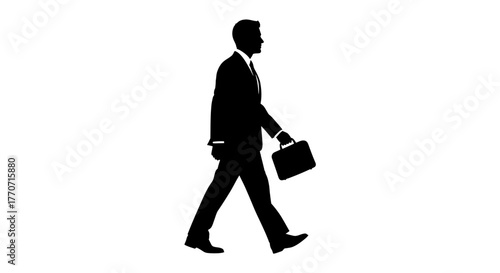 Black silhouette of a professional man walking with a briefcase against a pure white background