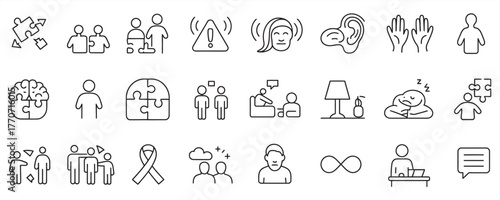 Raising awareness with autism icon set for neurodiversity and acceptance, a collection of line art symbols for inclusivity and understanding