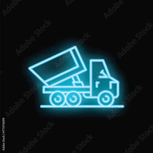 Glowing blue neon icon of tipper truck unloading cargo on black background
