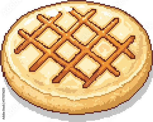 A cartoon illustration of a golden-brown, grid-patterned waffle, ready to eat.