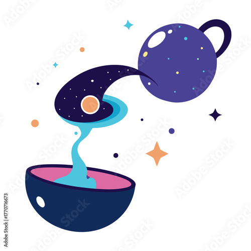 Cosmic teapot pouring liquid into a bowl with stars and planets silhouette isolated on white background