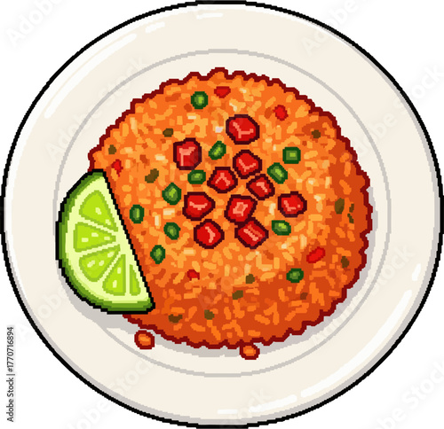 Top-down view of fried rice with red meat pieces and green peas, served with a lime wedge on a white plate.