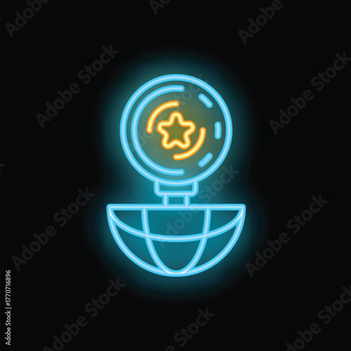 Neon sign depicting a radar dish scanning the earth for signals, representing the search for extraterrestrial life