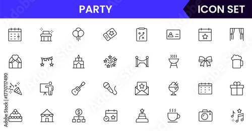 Party vector web line icon collection, sleek illustrations of calendars, tickets, venues, decorations for organized, festive designs.