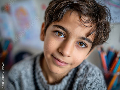 Cute Smiling Boy Portrait With Warm Expression For Family And Education Stock Photo