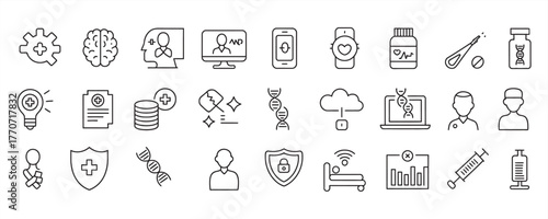 Modern healthcare icons illustrating medicine, technology, and wellness solutions perfect for a health tech company's website or mobile app design project