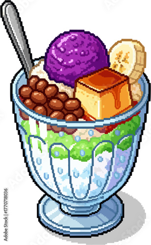 A pixelated glass bowl filled with a colorful Filipino dessert called Halo-halo, including ice cream, beans, and other sweet ingredients.