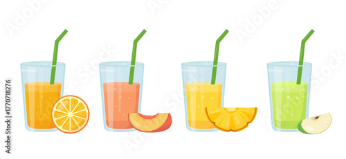 Set of glasses with Fresh juice. Orange, peach, pineapple and green apple juices or vitamin smoothie. Vector icon illustration isolated on white background.