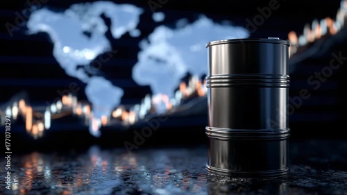 Reflective oil barrel in foreground, global stock market graph rising across digital map in background, crude oil finance scene