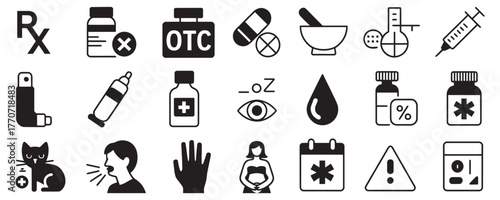 Essential healthcare icons for modern wellness designs including prescription, medication, pregnancy, allergy, and more for your next health project