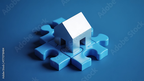 White house model resting on a blue puzzle piece base