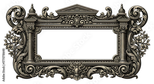 Ornate antique baroque picture frame with intricate carvings and decorative elements on a dark background