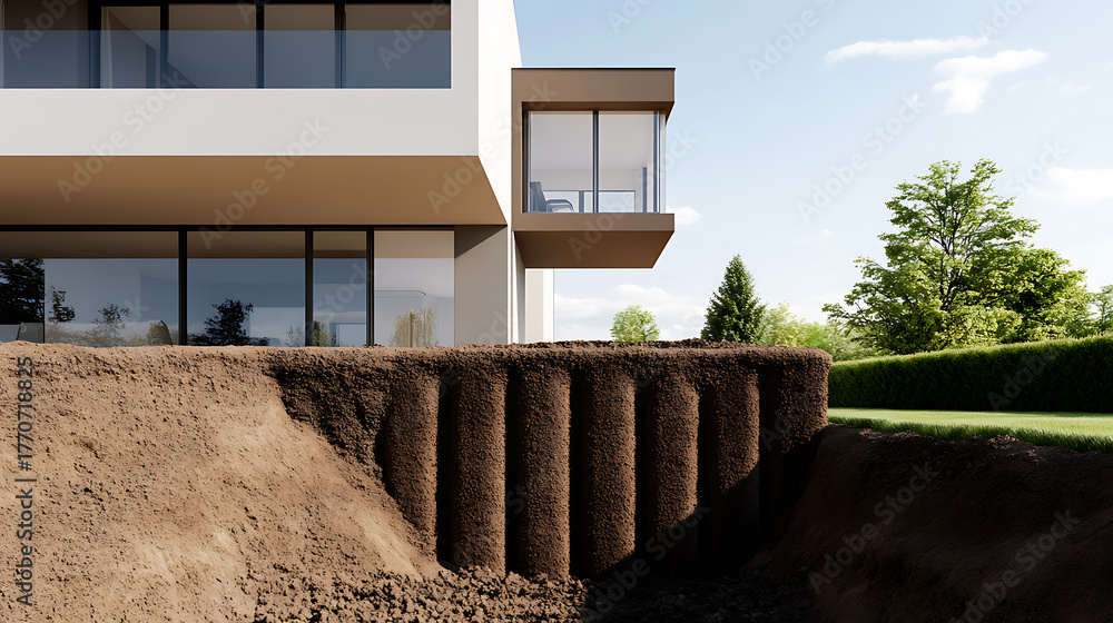 Naklejka premium A modern residence with a unique soil structure in the foreground, the house features large windows and a cantilevered balcony under a bright sky in its backyard.