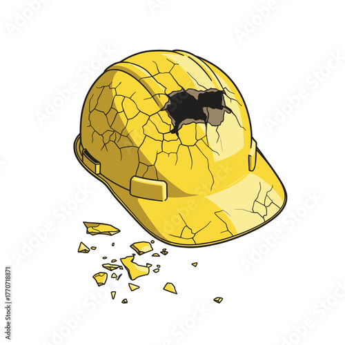 vector illustration of cracked and damaged construction hard hat with a large hole rests symbol of a failure of protective gear or a serious impact