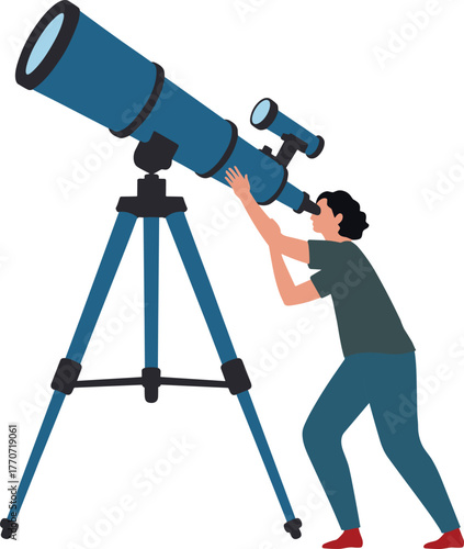 Astronomy telescope illustration, person stargazing vector, night sky observation graphic, scientific exploration design, space discovery artwork, cosmic research emblem