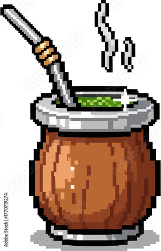 A pixelated illustration of a traditional mate gourd with a bombilla, steam rising.