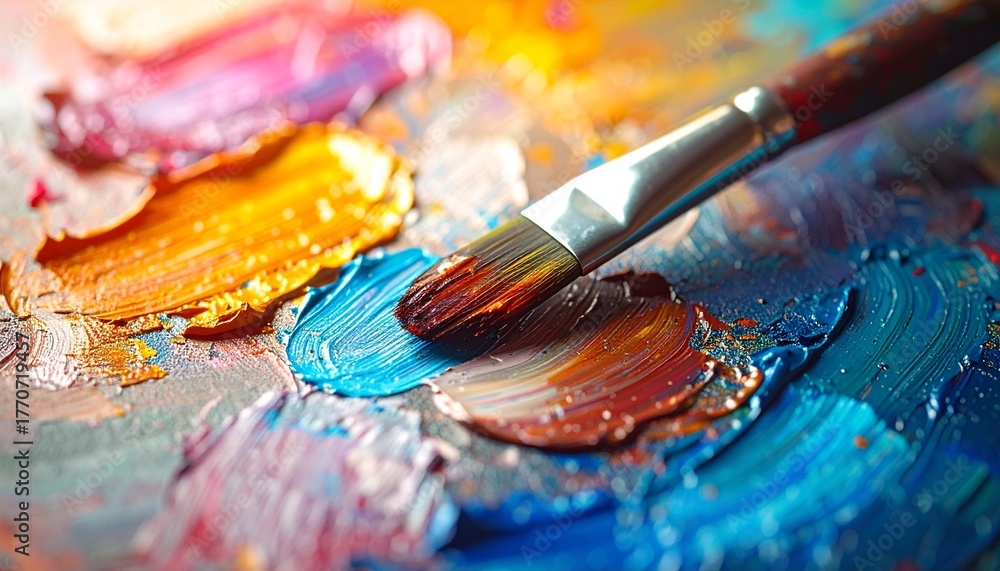 Fototapeta premium Artist's textured palette with brilliant colors and a paintbrush, illustrating the craft of painting