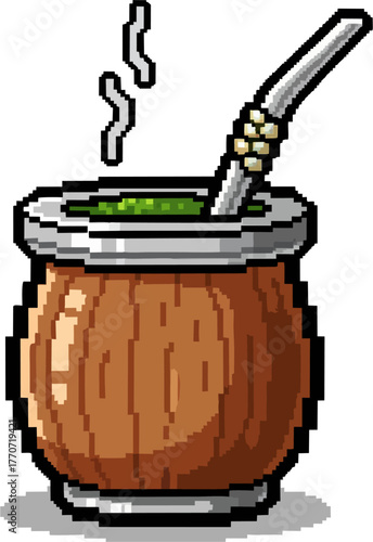 Pixel art illustration of a traditional yerba mate gourd with bombilla and rising steam.