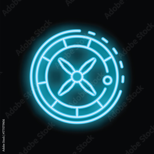 Blue neon roulette wheel spinning on black background representing casino and gambling entertainment