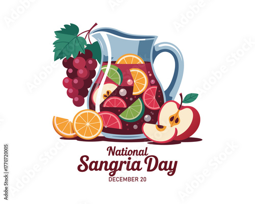 National Sangria Day vector. Sangria in a glass jug and with fruits vector. Traditional spanish drink sangria still life vector. Sangria Day Poster, December 20.