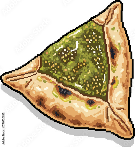 A pixelated close-up of a savory triangular pastry filled with green herbs.