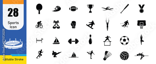 Collection of 28 sports shilhouette icon Soccer Ball, Basketball, Tennis Racket, Trophy, Whistle, Goal, Medal, Baseball Bat, Running Shoe, Stopwatch vector illustration
