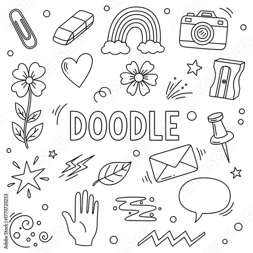 Black and white doodle art with flowers, rainbow, and office supplies