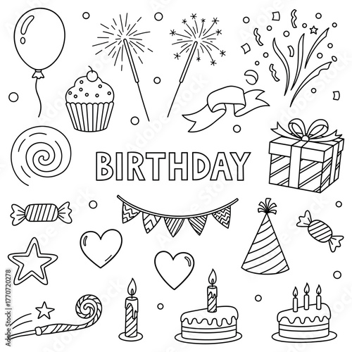 Birthday celebration line art with candles, cake, and party decorations