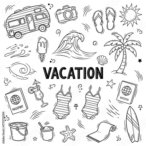 Vacation doodles: camper, beachwear, palm trees, and more