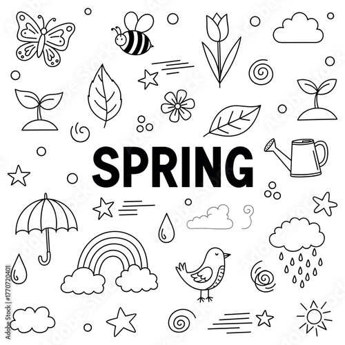 Spring elements: flowers, umbrella, bird, clouds, rainbow, black and white illustrations