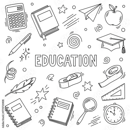 Education icon set: books, calculator, graduation cap, and school supplies