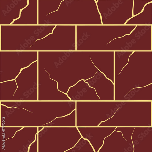 Red Brick Wall Seamless Pattern Golden Cracks Kintsugi Inspired Design Texture