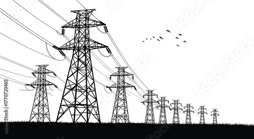 High voltage electric power lines, transmission towers landscape, industrial energy infrastructure, electricity grid system, black and white cad drawing flat vector illustration