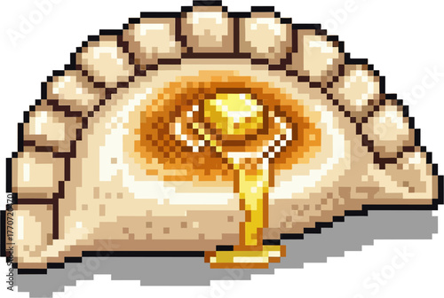 Pixel art illustration of a dumpling or pierogi with a melting pat of butter on top, dripping down.