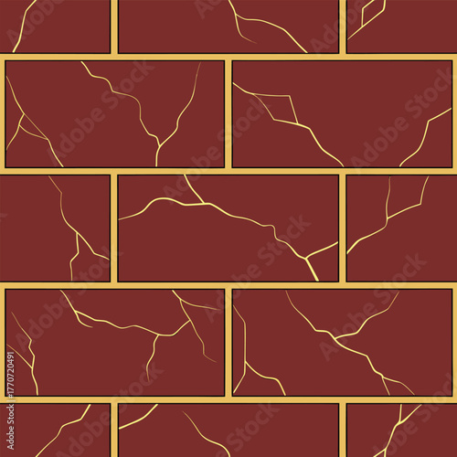 Fractured Brickwork Texture Seamless Kintsugi Style, Surface with Golden Veins, Marron Bricks Pattern Background, Gold Seams on Wall