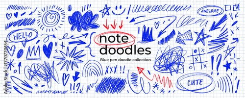 Blue pen scribble and doodle collection. Blue pen lines, arrows and scribbles at grid notebook background. Crayon drawn note doodles for hand drawn diagram, infographic and journaling.