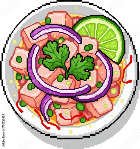 Pixel art illustration of ceviche on a plate, garnished with red onion, lime, and cilantro.