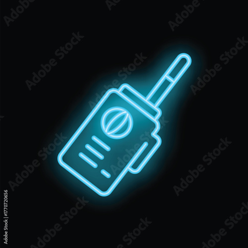 Bright blue neon sign of a walkie talkie glowing on a black background