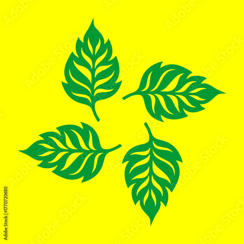 Four lush green leaves swirl gracefully on a radiant yellow background, symbolizing renewal, vitality, and nature’s unending cycle of harmonious growth.