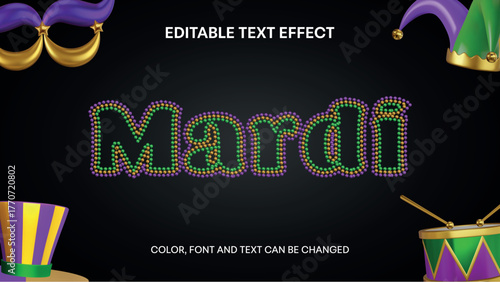 mardi gras editable text effect with green, gold and purple beads