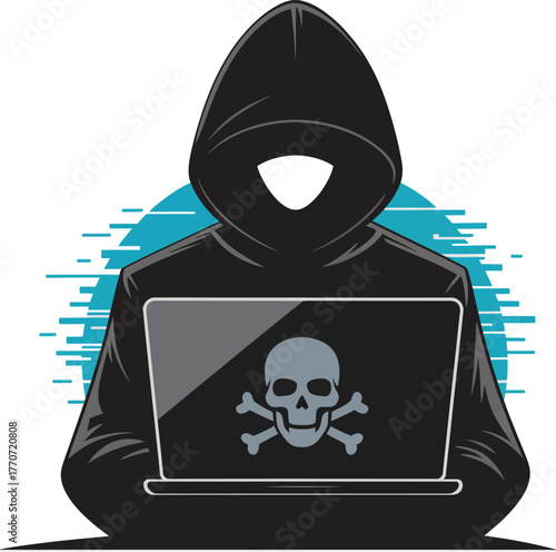 Vector illustration of hacker using laptop showing cyber criminal activity internet security threat data breach online hacking concept digital crime and cybersecurity protection technology design