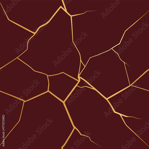 Kintsugi Inspired Red Stone Pattern with Gold Veins and Cracks Seamless Surface Texture