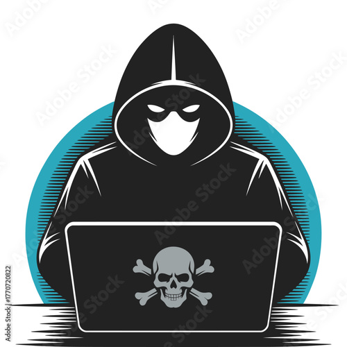 Vector illustration of hacker using laptop showing cyber criminal activity internet security threat data breach online hacking concept digital crime and cybersecurity protection technology design