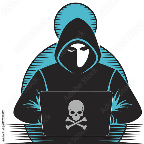 Vector illustration of hacker using laptop showing cyber criminal activity internet security threat data breach online hacking concept digital crime and cybersecurity protection technology design