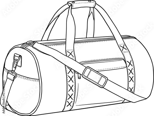 Duffel bag design, stylish travel gym bag, shoulder strap luggage, detailed stitch pattern, fashion accessory, CAD drawing flat vector illustration, outline
