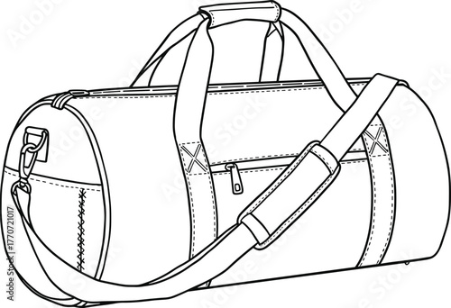 Duffel bag design, travel luggage with shoulder strap, modern gym bag outline, stylish accessory, CAD drawing flat vector illustration, detailed stitching